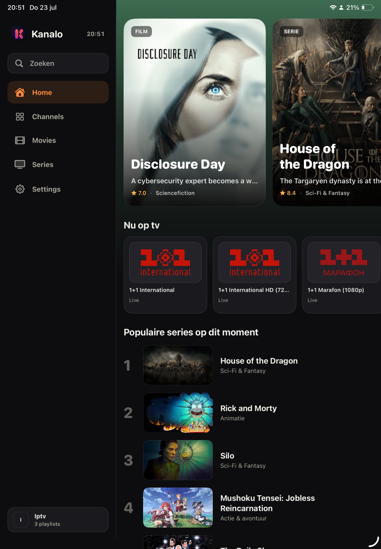 Kanalo on iPad showing the Live TV home view with sidebar navigation, featured films and series, now-on-TV channels, and popular series rankings