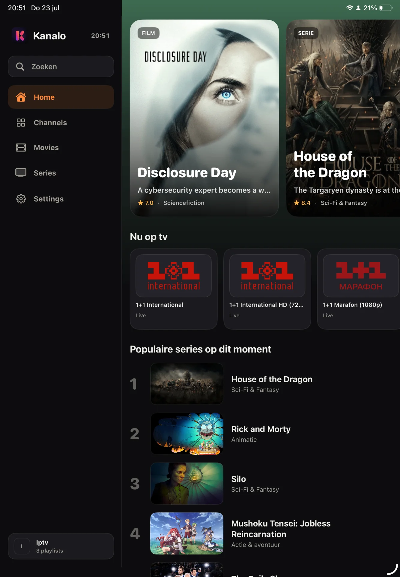 Kanalo on iPad showing the Live TV home view with sidebar navigation, featured films and series, now-on-TV channels, and popular series rankings