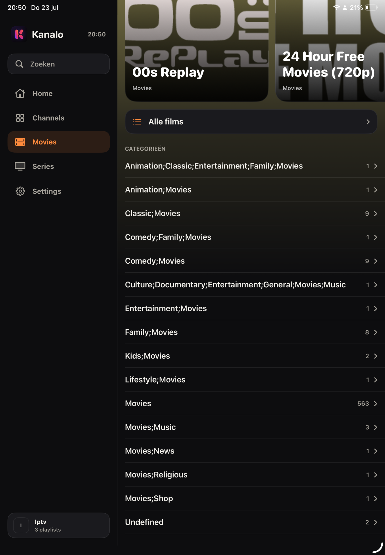 Kanalo on iPad showing the Movies library organised by categories such as Animation, Comedy, Family and Classic