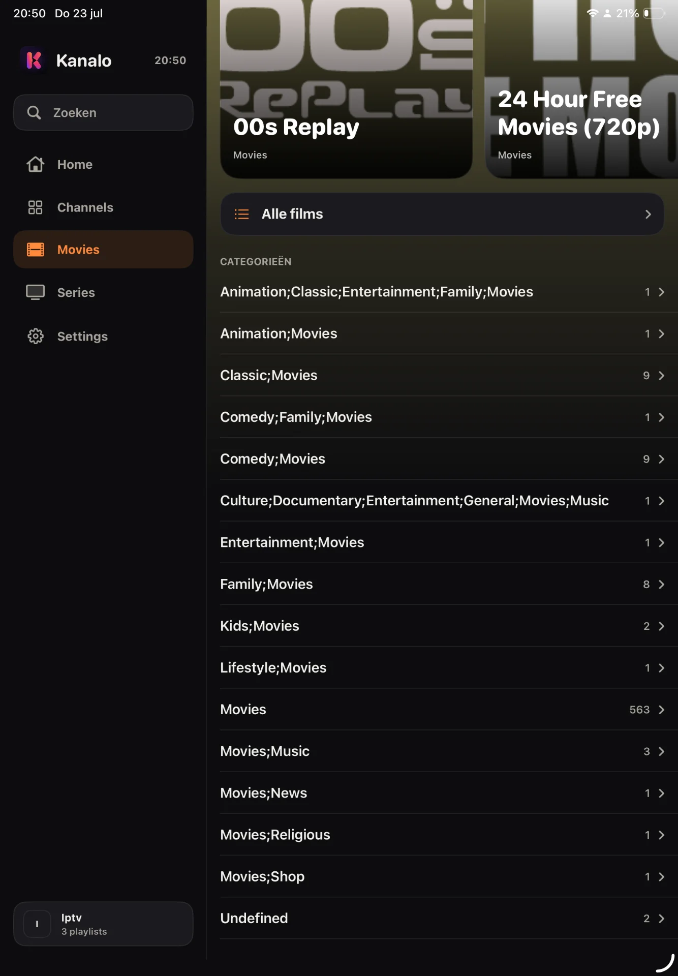 Kanalo on iPad showing the Movies library organised by categories such as Animation, Comedy, Family and Classic