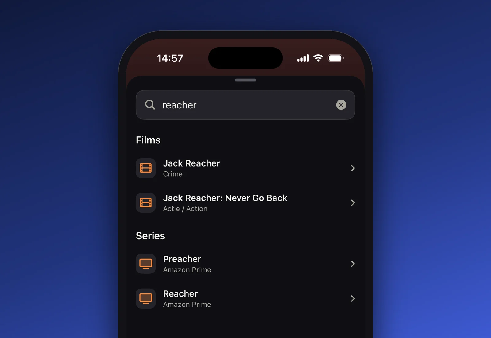 Kanalo search results across movies and series on iPhone