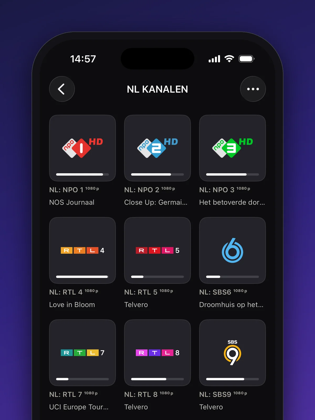 Kanalo live TV channel grid on iPhone