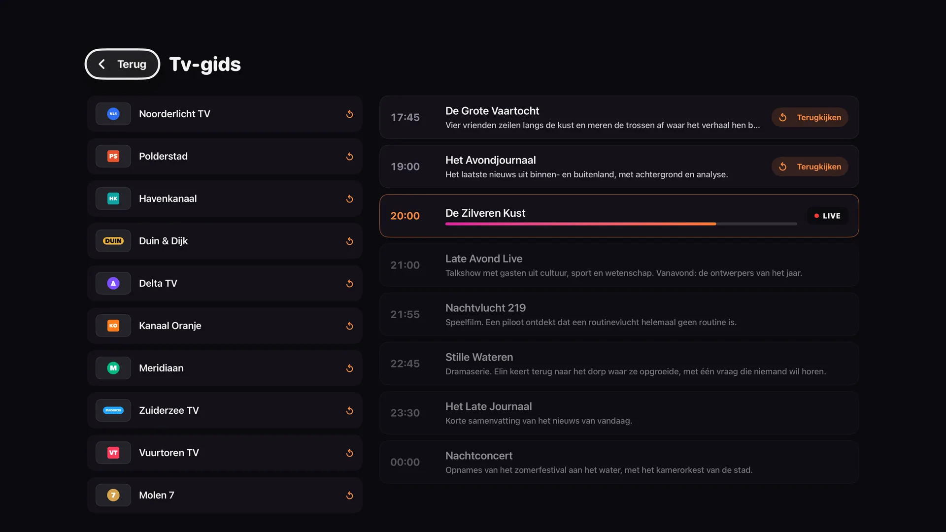 Kanalo on Apple TV: the TV guide with a channel column, a programme column, catch-up buttons and the live programme highlighted