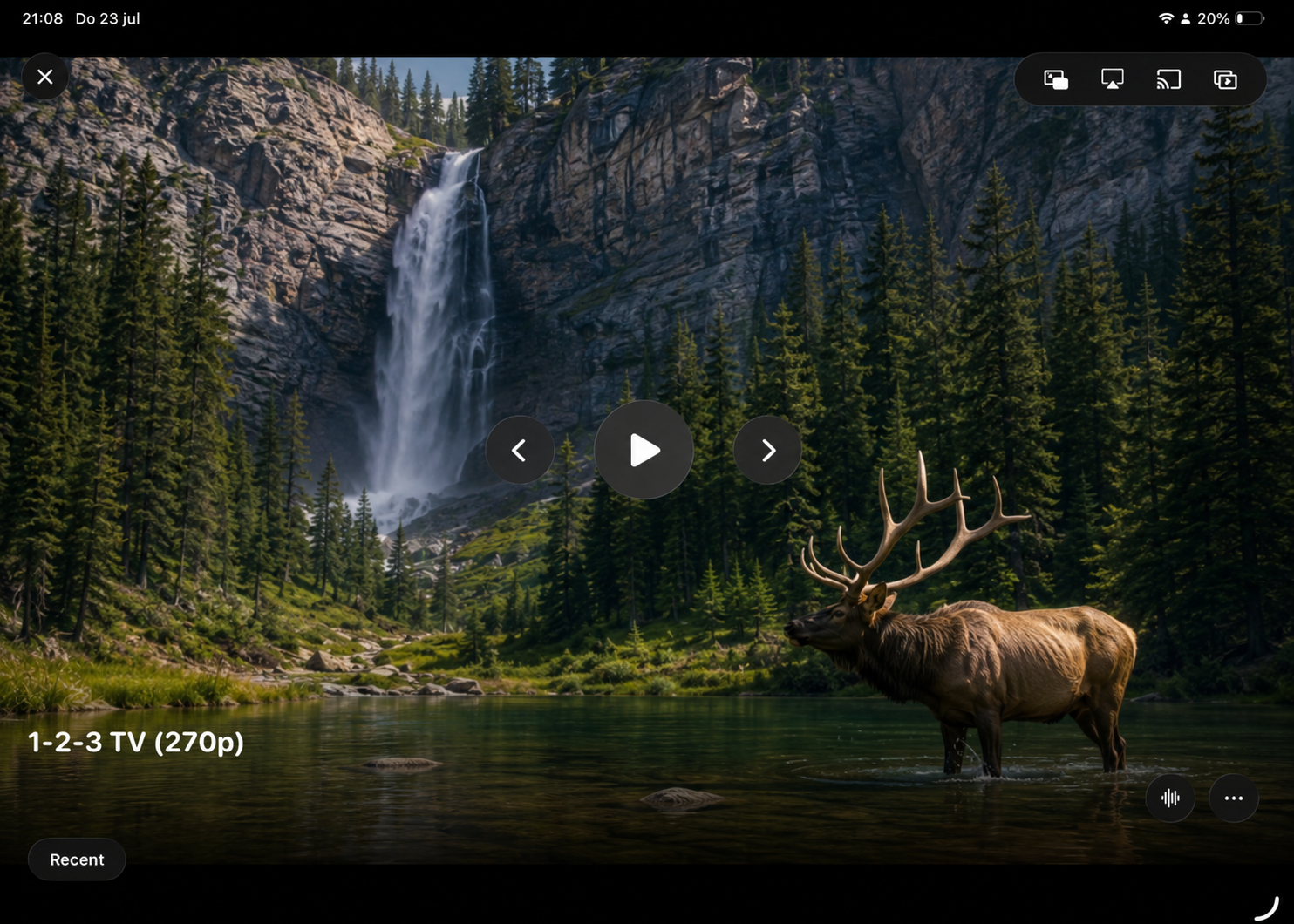Kanalo on iPad playing a live channel in landscape with picture-in-picture, AirPlay and Chromecast controls in the top bar