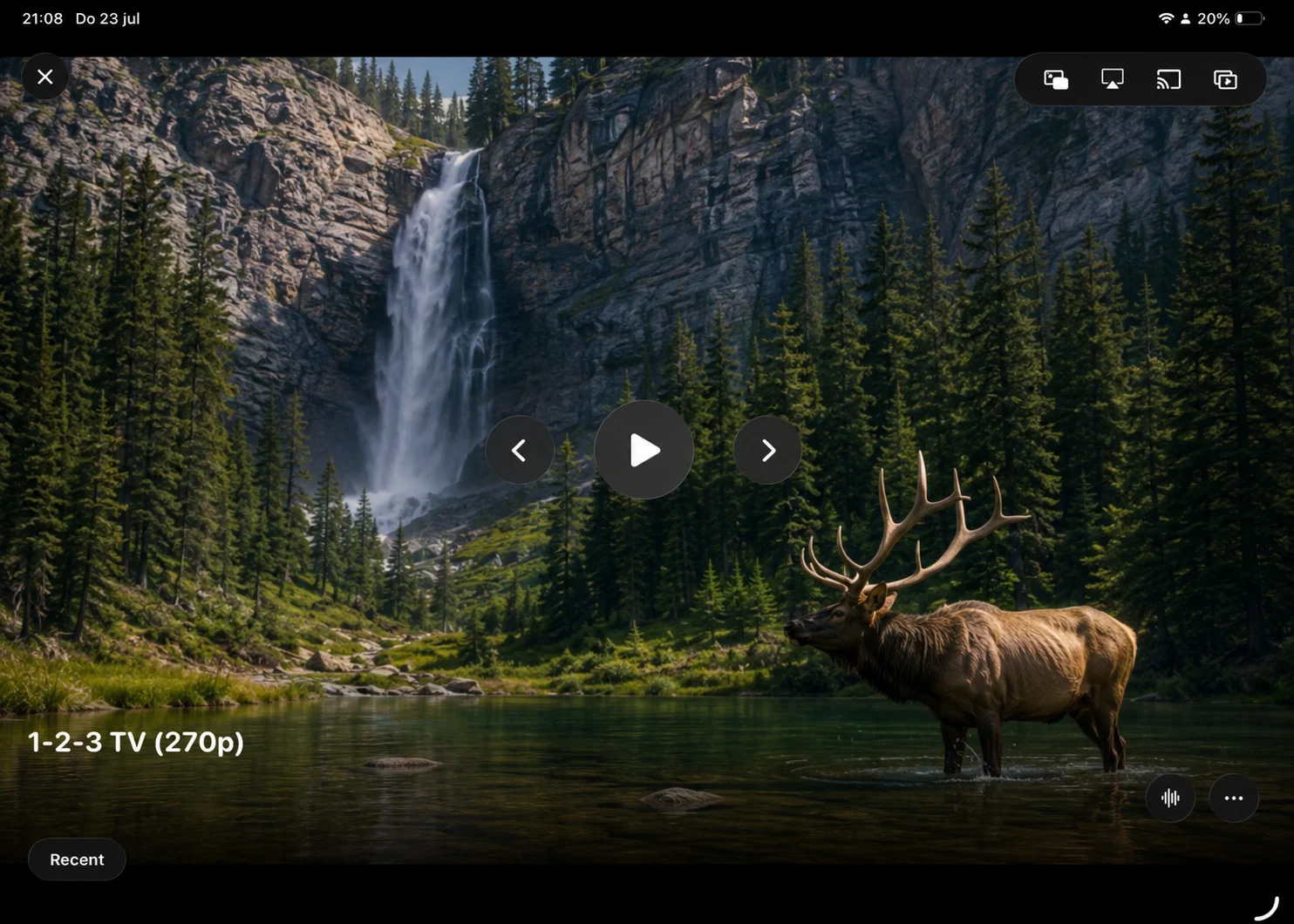 Kanalo on iPad playing a live channel in landscape with picture-in-picture, AirPlay and Chromecast controls in the top bar