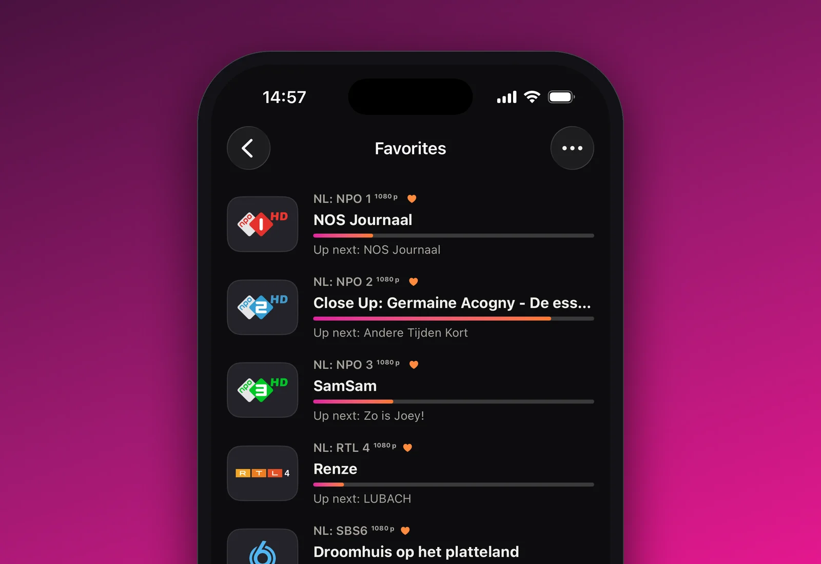 Kanalo favourite channels list on iPhone