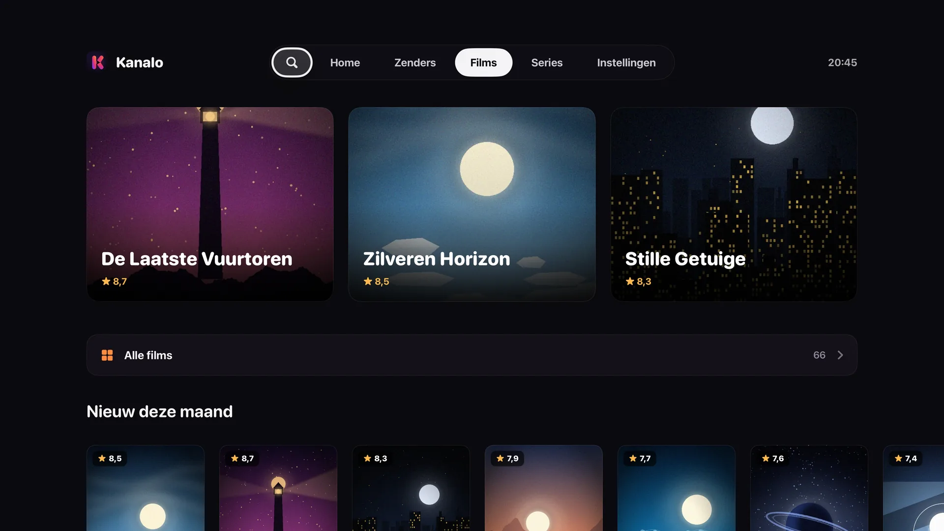Kanalo on Apple TV: the Movies tab with featured backdrops, the full library and a rail of titles new this month