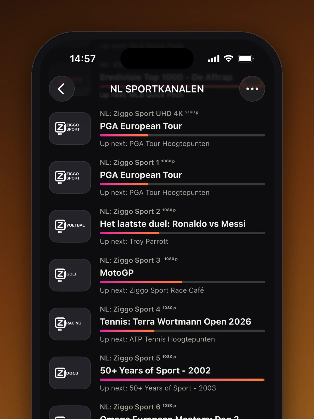 Kanalo sports channels list on iPhone