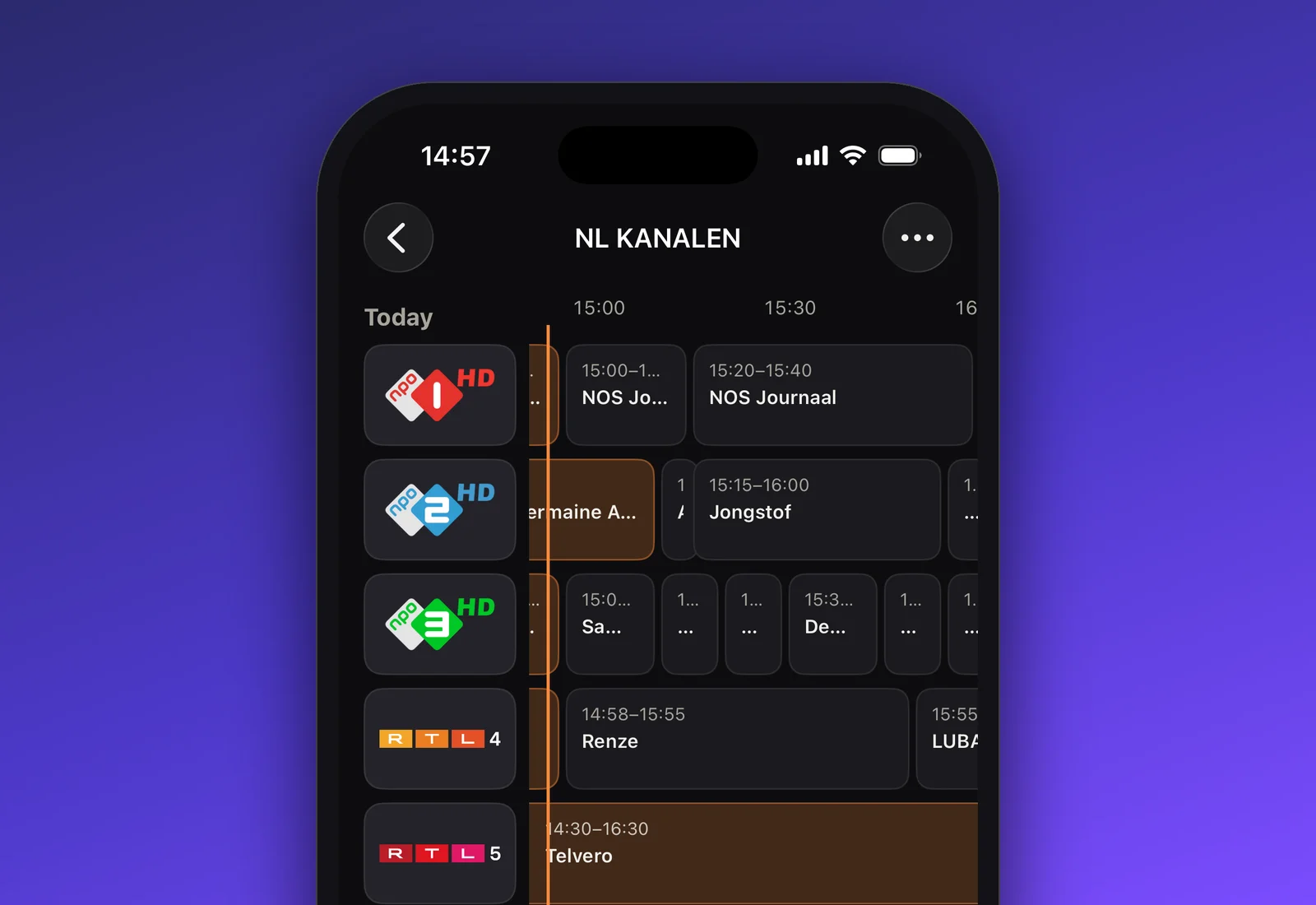 Kanalo EPG guide grid with now and next on iPhone